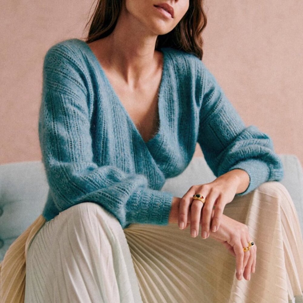 Sezane Cristina Jumper XS/M/L Peacock Blue  Sweater French Wool Mohair V Neck